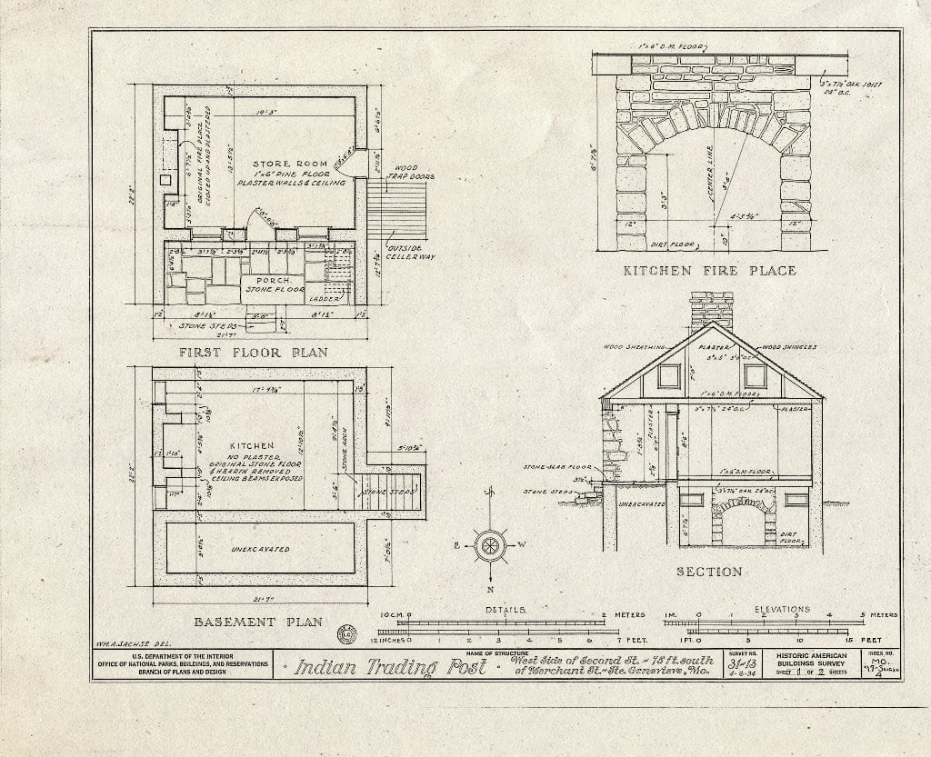 Blueprint HABS MO,97-SAIGEN,4- (Sheet 1 of 2) - Indian Trading Post, Second & Merchant Streets, Sainte Genevieve, Ste. Genevieve County, MO