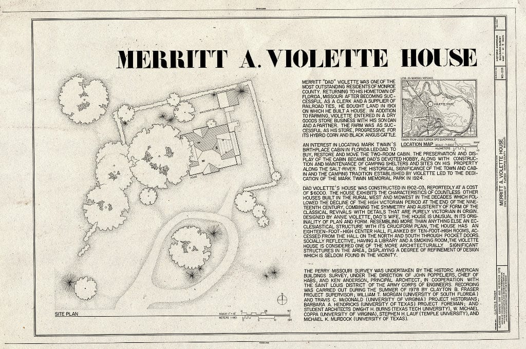 Blueprint HABS MO,69-Flor,1- (Sheet 1 of 5) - Merritt A. Violette House, State Route 107 & County Route U Vicinity, Florida, Monroe County, MO
