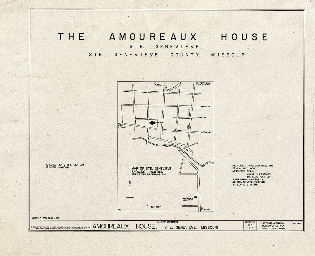 Blueprint HABS MO,97-SAIGEN,13- (Sheet 1 of 10) - Amoureaux House, 327 St. Mary's Road, Sainte Genevieve, Ste. Genevieve County, MO