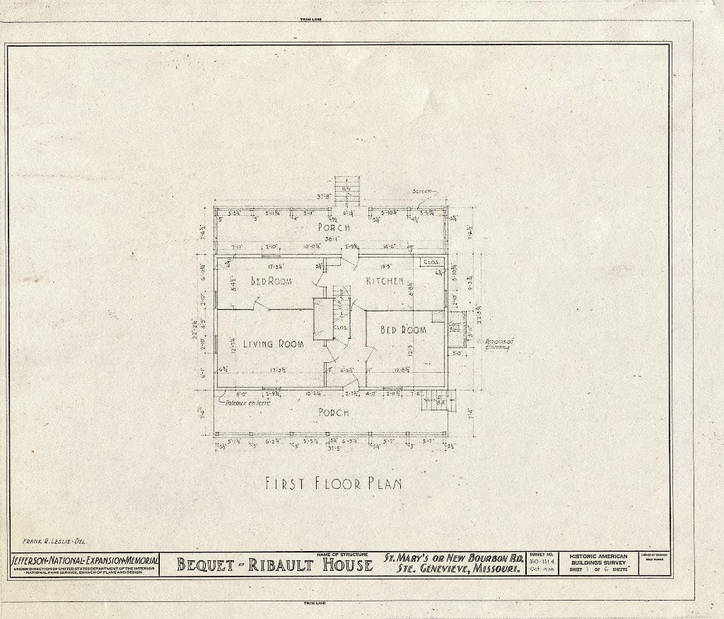Blueprint HABS MO,97-SAIGEN,14- (Sheet 1 of 6) - Bequet-Ribault House, St. Mary's Road, Sainte Genevieve, Ste. Genevieve County, MO