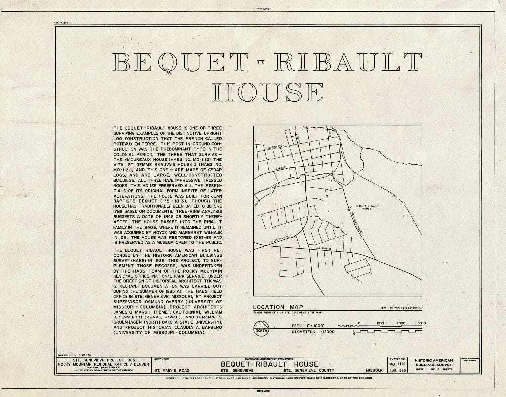 Blueprint HABS MO,97-SAIGEN,14- (Sheet 1 of 3) - Bequet-Ribault House, St. Mary's Road, Sainte Genevieve, Ste. Genevieve County, MO
