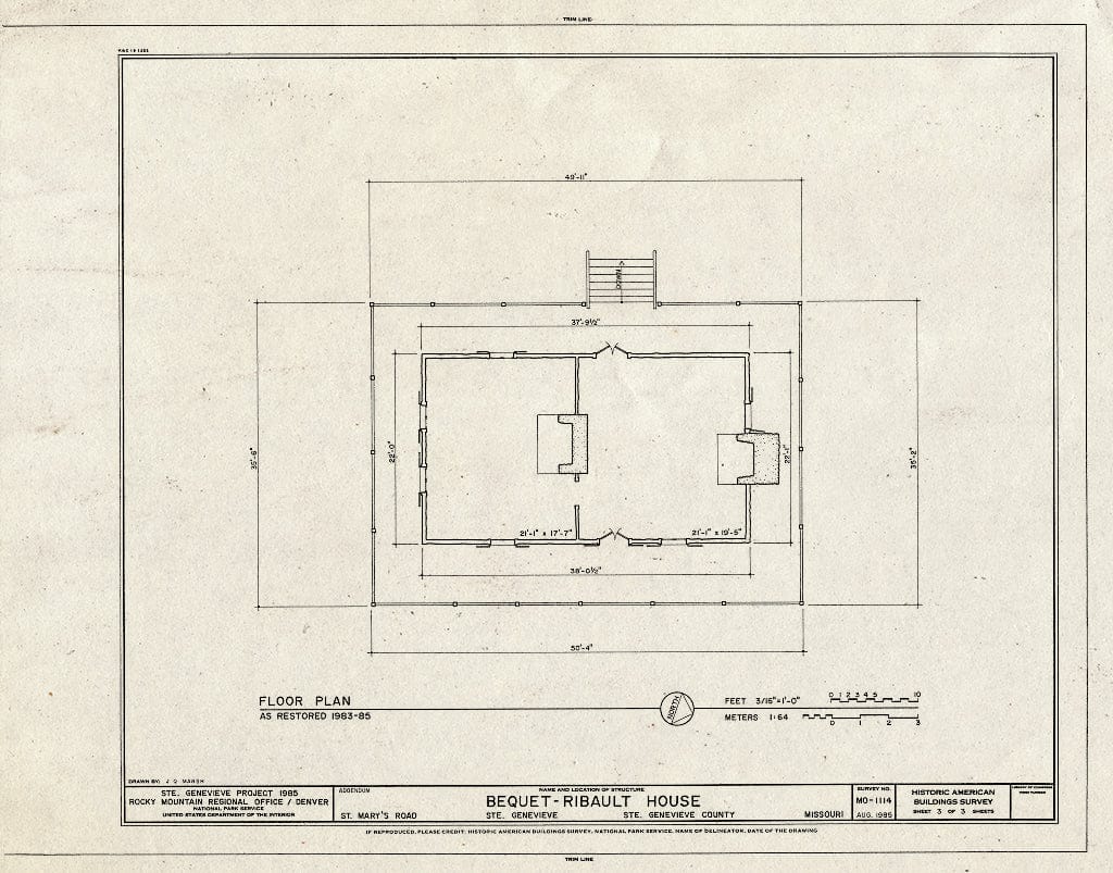 Blueprint HABS MO,97-SAIGEN,14- (Sheet 3 of 3) - Bequet-Ribault House, St. Mary's Road, Sainte Genevieve, Ste. Genevieve County, MO