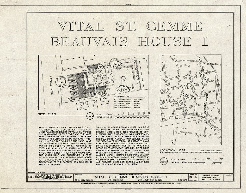 Blueprint HABS MO,97-SAIGEN,20- (Sheet 1 of 7) - Vital St. Gemme Beauvais House I, 20 South Main Street, Sainte Genevieve, Ste. Genevieve County, MO
