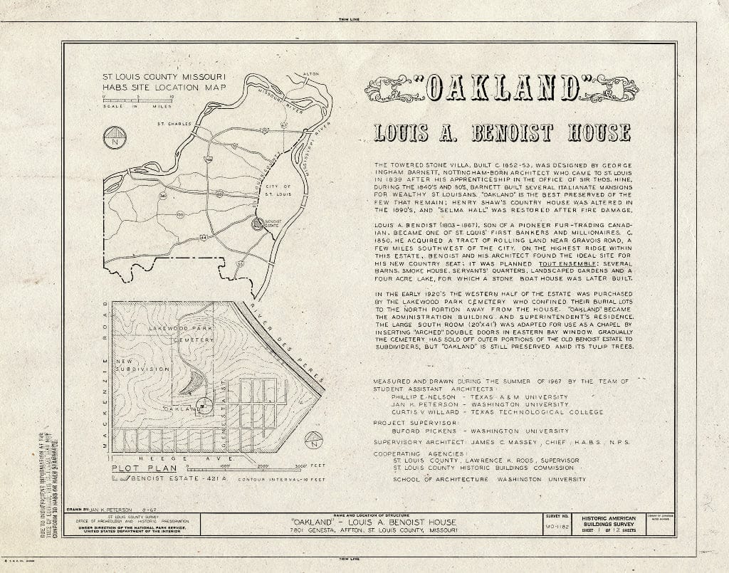 Blueprint HABS MO,95-AFT,1- (Sheet 1 of 12) - Oakland, 7801 Genesta Street, Affton, St. Louis County, MO