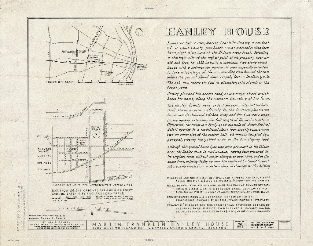 Blueprint HABS MO,95-CLAYT,1- (Sheet 1 of 12) - Martin F. Hanley House, 7600 Westmoreland Drive, Clayton, St. Louis County, MO