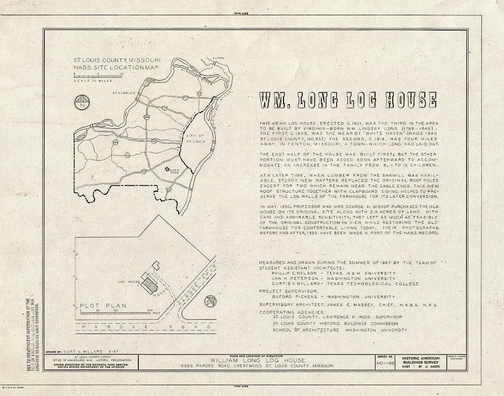 Blueprint HABS MO,95-Crest,2- (Sheet 1 of 4) - William Long Log House, 9385 Pardee Road, Crestwood, St. Louis County, MO