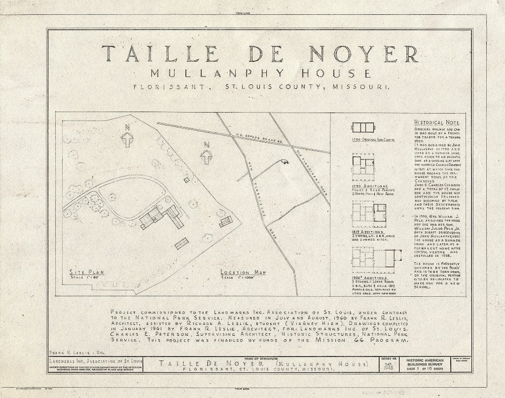 Blueprint HABS MO,95-Flori.V,2- (Sheet 1 of 10) - Taille de Noyer, 400 Taille de Noyer, Florissant, St. Louis County, MO