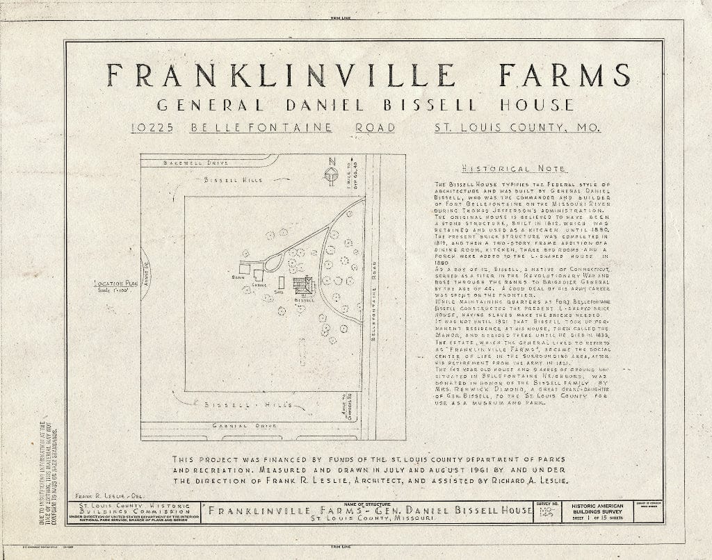 Blueprint HABS MO,95-BELNEB,1- (Sheet 1 of 15) - Franklinville Farms, 10225 Bellefontaine Road, Bellefontaine, St. Louis County, MO