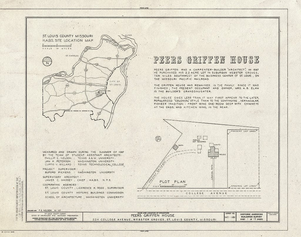 Blueprint HABS MO,95-WEBGRO,1- (Sheet 1 of 10) - Peers Griffen House, 224 College Avenue, Webster Groves, St. Louis County, MO