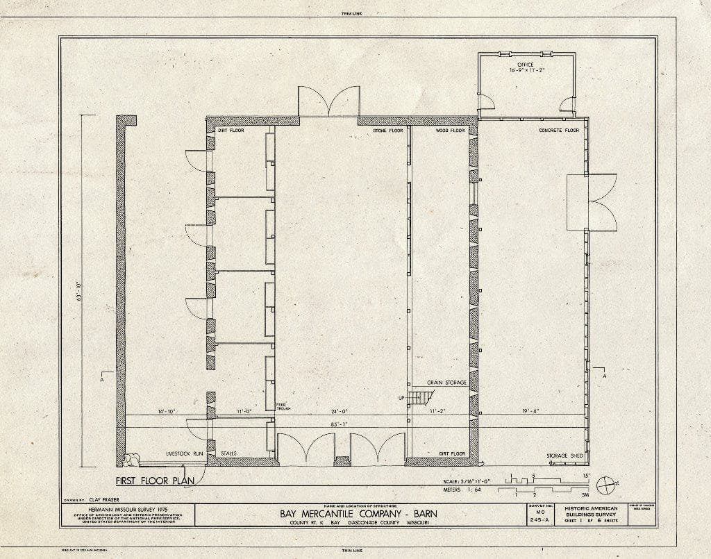 Blueprint HABS MO,37-Bay,1A- (Sheet 1 of 6) - Bay Mercantile Company, Barn, County Route K, Bay, Gasconade County, MO