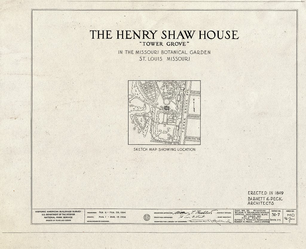 Blueprint HABS MO,96-SALU,7- (Sheet 0 of 7) - Henry Shaw House, 2345 Tower Grove Avenue, Saint Louis, Independent City, MO