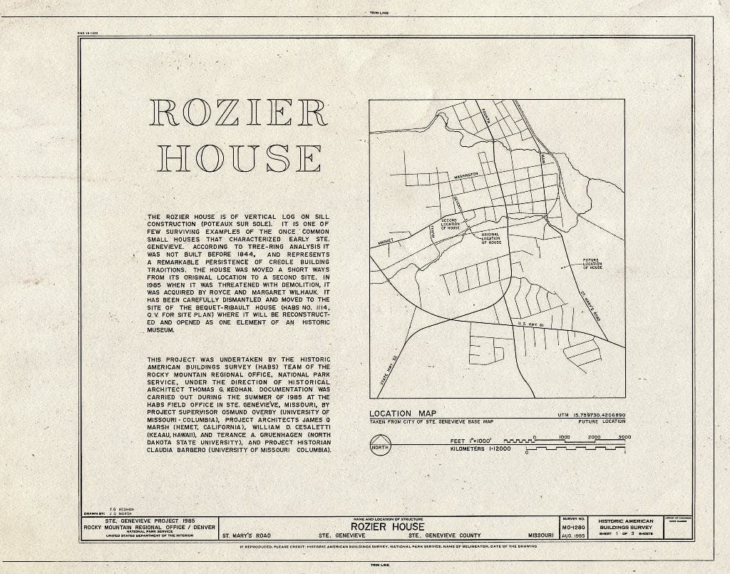 Blueprint HABS MO,97-SAIGEN,37- (Sheet 1 of 3) - Rozier House, St. Mary's Road, Sainte Genevieve, Ste. Genevieve County, MO
