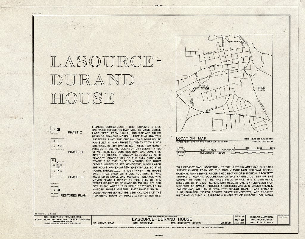 Blueprint HABS MO,97-SAIGEN,30- (Sheet 1 of 9) - Lasource-Durand House, St. Mary's Road Behind Bequet-Ribault House, Sainte Genevieve, Ste. Genevieve County, MO