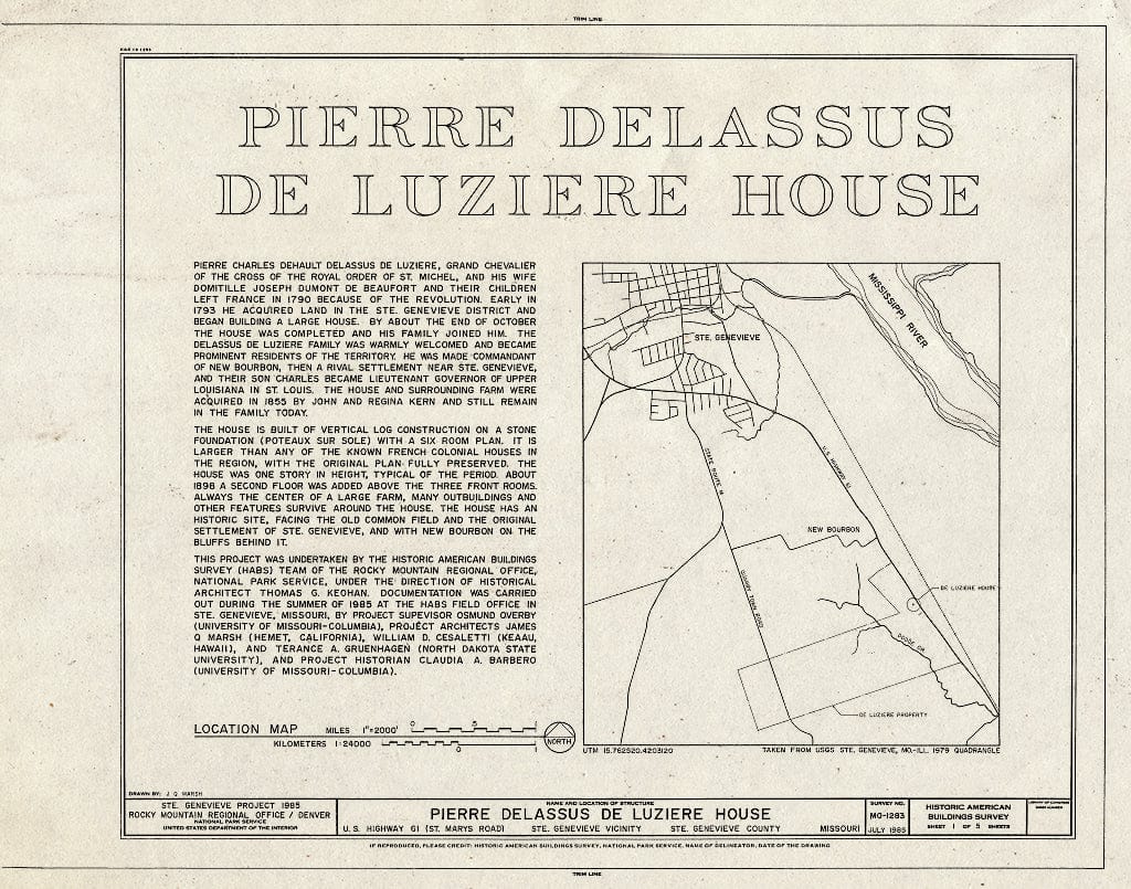Blueprint HABS MO,97-SAIGEN.V,5- (Sheet 1 of 5) - Pierre Delassus DeLuziereHouse, U.S. Route 61, Sainte Genevieve, Ste. Genevieve County, MO