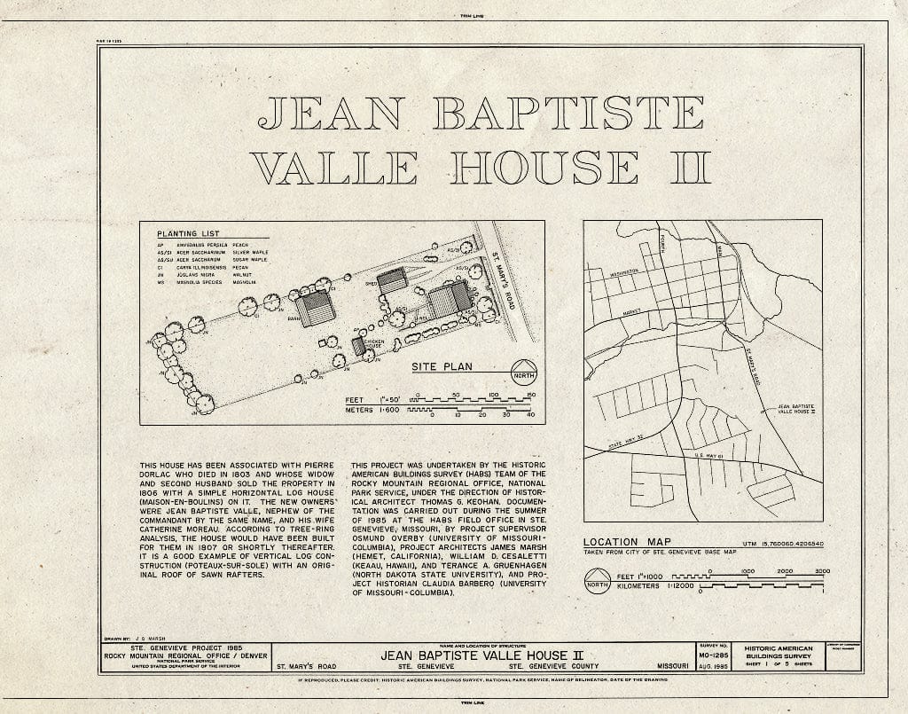 Blueprint HABS MO,97-SAIGEN,34- (Sheet 1 of 5) - Jean Baptiste Valle House II, St. Mary's Road, Sainte Genevieve, Ste. Genevieve County, MO