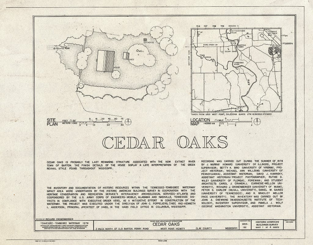 Blueprint HABS Miss,13-WESPO,1- (Sheet 1 of 4) - Cedar Oaks, Barton Ferry Road, West Point, Clay County, MS