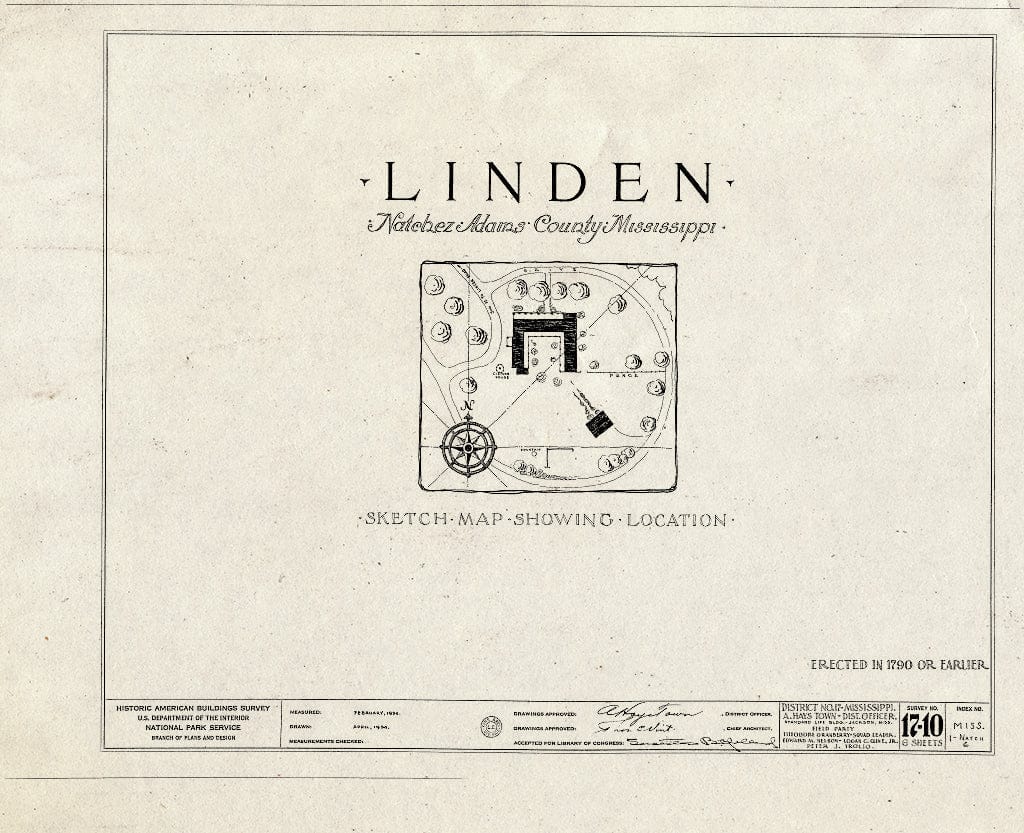Blueprint HABS Miss,1-Natch,6- (Sheet 0 of 6) - Linden, Natchez, Adams County, MS