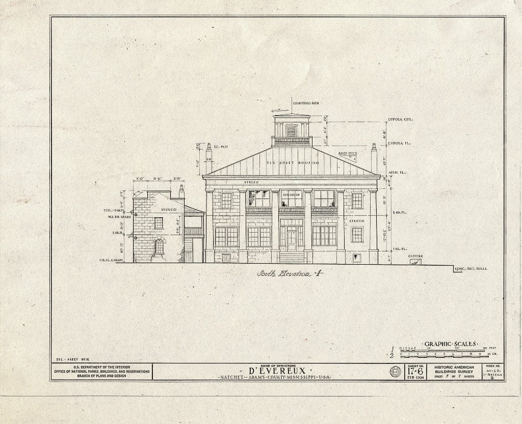 Blueprint HABS Miss,1-Natch.V,2- (Sheet 5 of 7) - D'Evereux, Natchez, Adams County, MS