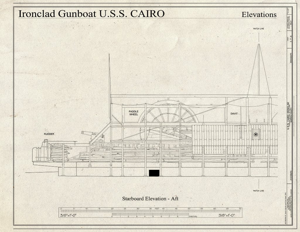 Blueprint Starboard Elevation - AFT - U.S.S. Cairo Ironclad, Vicksburg, Warren County, MS