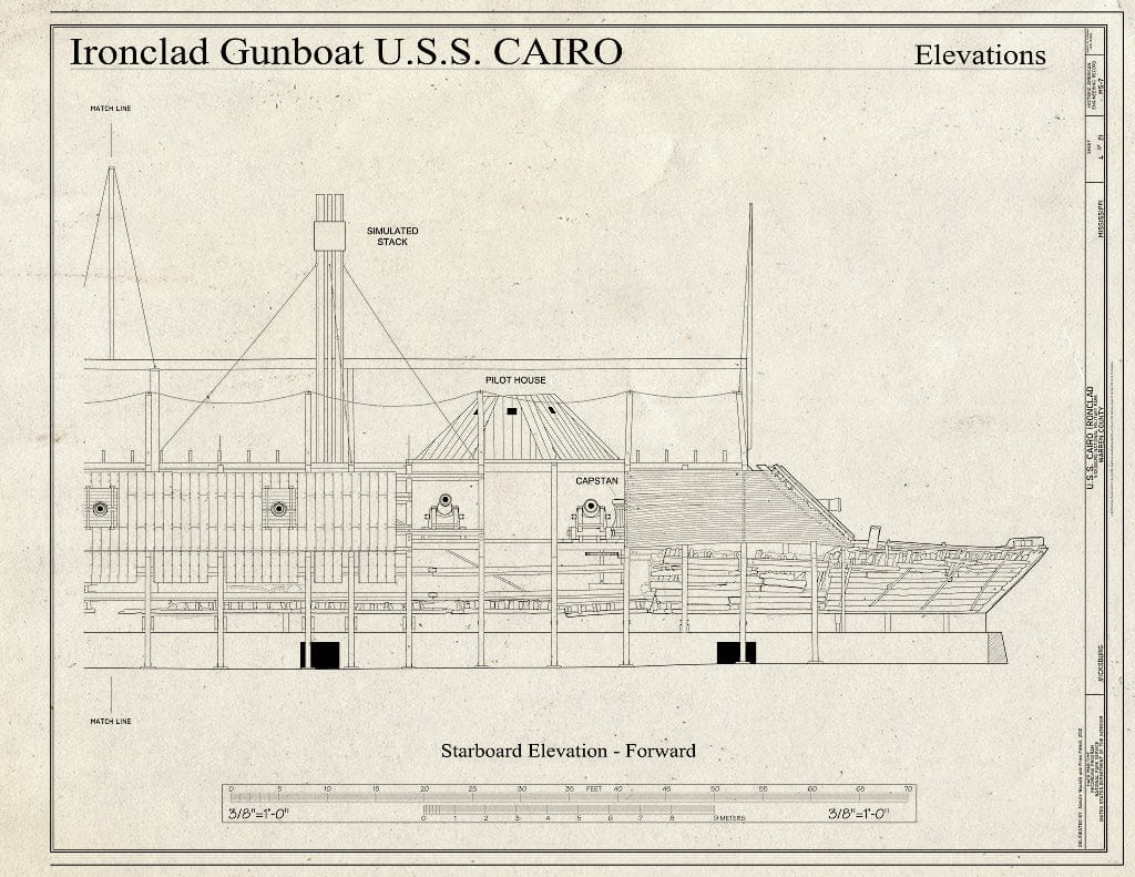 Blueprint Starboard Elevation - Forward - U.S.S. Cairo Ironclad, Vicksburg, Warren County, MS