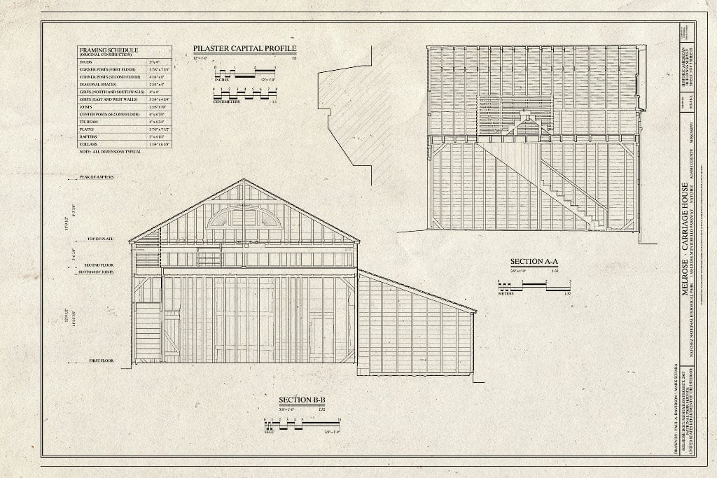 Blueprint Sections, framing Schedule, Pilaster Capital Profile - Melrose, Carriage House, 1 Melrose-Montebello Parkway, Natchez, Adams County, MS