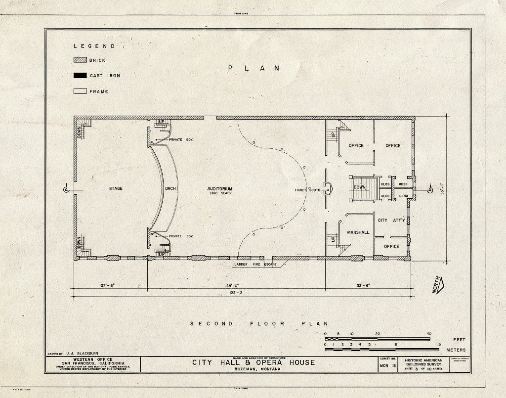 Historic Pictoric : Blueprint HABS Mont,16-BOZ,1- (Sheet 3 of 10) - City Hall & Opera House, Rouse Avenue & East Main Street, Bozeman, Gallatin County, MT