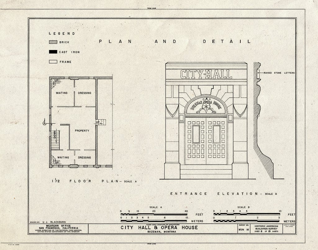 Historic Pictoric : Blueprint HABS Mont,16-BOZ,1- (Sheet 6 of 10) - City Hall & Opera House, Rouse Avenue & East Main Street, Bozeman, Gallatin County, MT