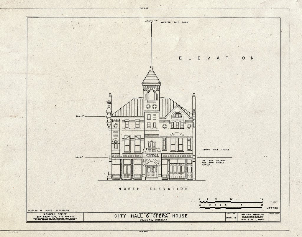 Historic Pictoric : Blueprint HABS Mont,16-BOZ,1- (Sheet 7 of 10) - City Hall & Opera House, Rouse Avenue & East Main Street, Bozeman, Gallatin County, MT