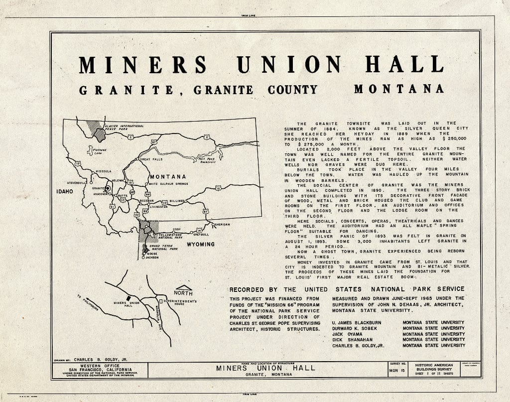 Historic Pictoric : Blueprint HABS Mont,20-GRANI,1- (Sheet 1 of 11) - Miners Union Hall, Main Street, Granite, Granite County, MT