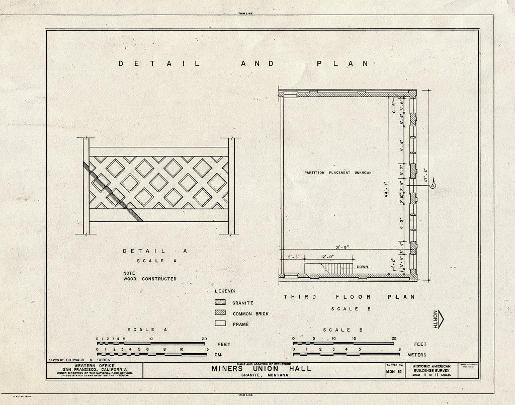 Historic Pictoric : Blueprint HABS Mont,20-GRANI,1- (Sheet 4 of 11) - Miners Union Hall, Main Street, Granite, Granite County, MT