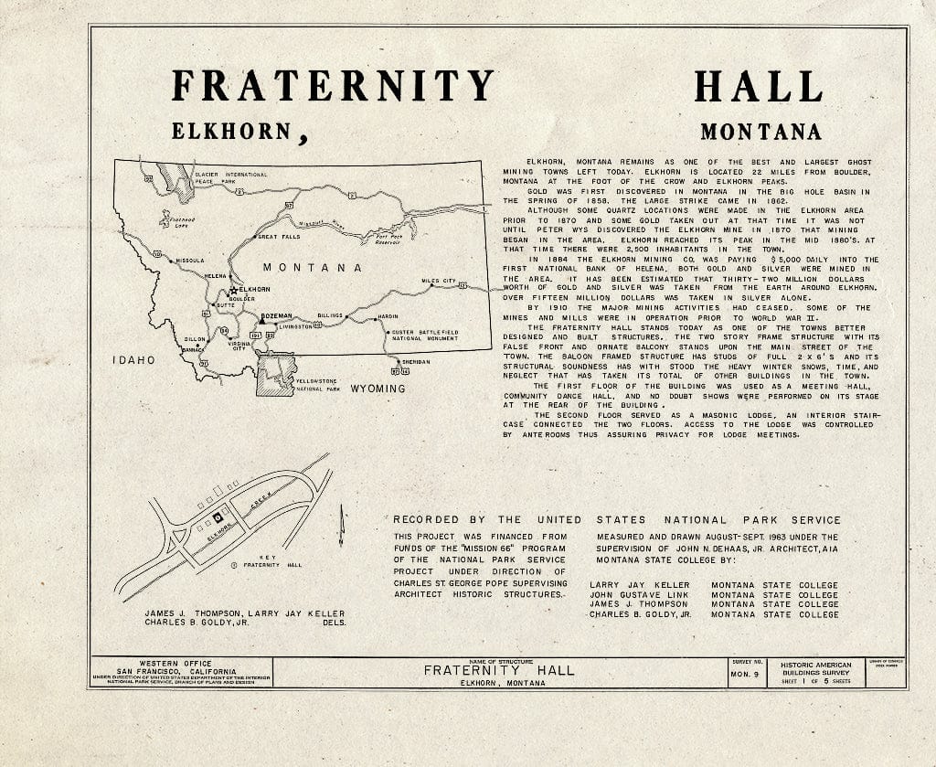 Historic Pictoric : Blueprint HABS Mont,22-ELK,1- (Sheet 1 of 5) - Fraternity Hall, Main Street, Elkhorn, Jefferson County, MT
