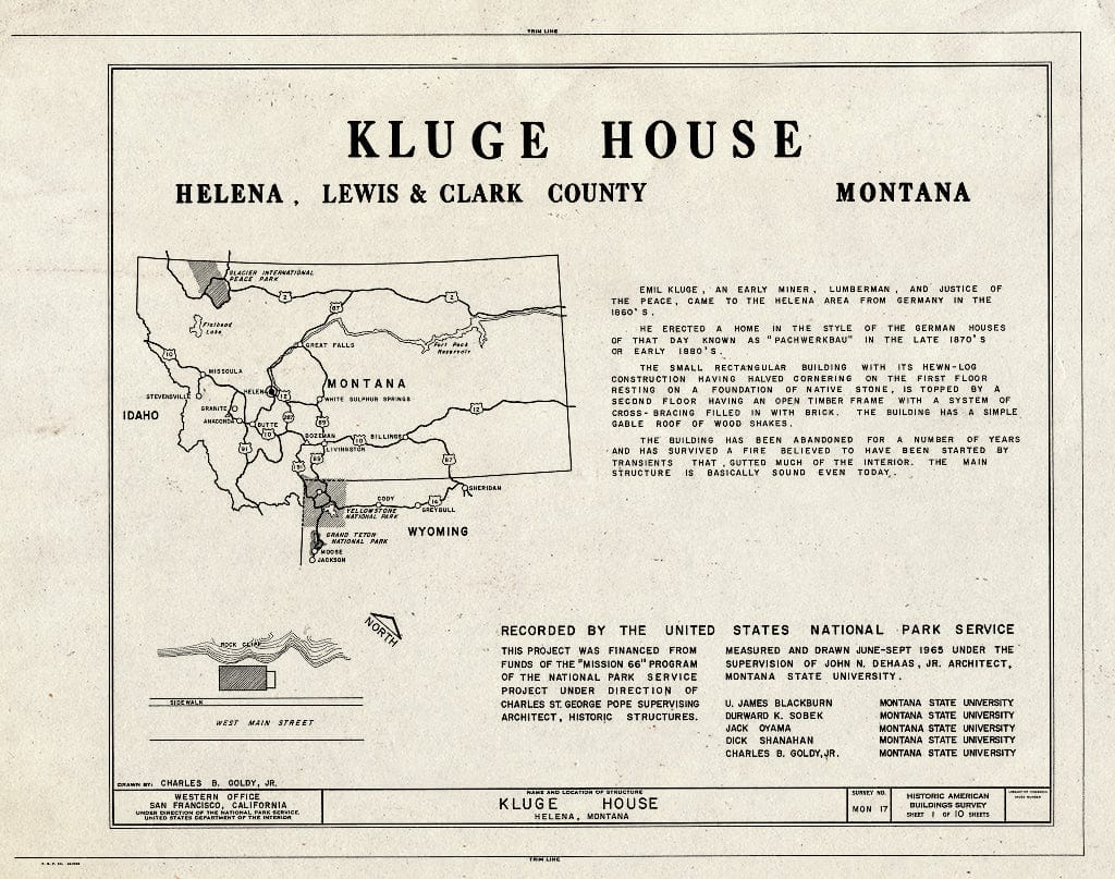 Historic Pictoric : Blueprint HABS Mont,25-HEL,1- (Sheet 1 of 10) - Kluge House, 540 West Main Street, Helena, Lewis and Clark County, MT