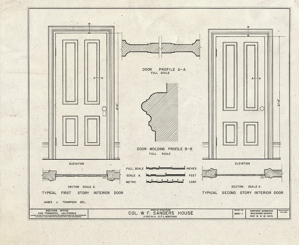 Historic Pictoric : Blueprint HABS Mont,29-VIRG,1- (Sheet 9 of 12) - Colonel W.F. Sanders House, Idaho Street, Virginia City, Madison County, MT