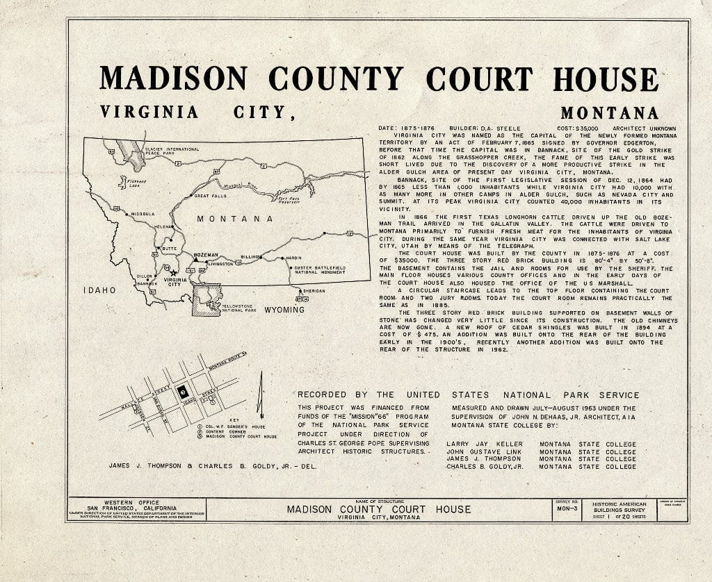 Historic Pictoric : Blueprint HABS Mont,29-VIRG,3- (Sheet 1 of 20) - Madison County Courthouse, Wallace Street, Virginia City, Madison County, MT