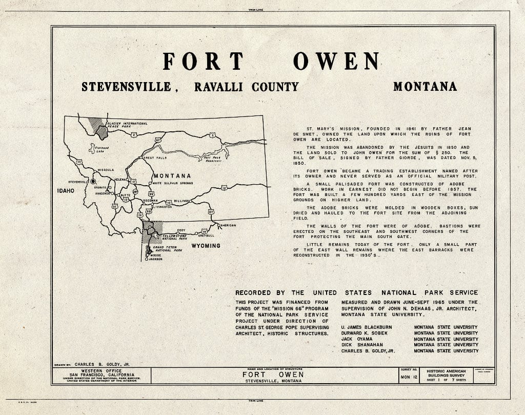 Historic Pictoric : Blueprint HABS Mont,41-STEV,3- (Sheet 1 of 7) - Fort Owen, U.S. Route 93, Stevensville, Ravalli County, MT