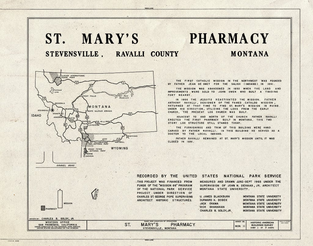 Historic Pictoric : Blueprint HABS Mont,41-STEV,2- (Sheet 1 of 7) - St. Mary's Pharmacy, Stevensville, Ravalli County, MT