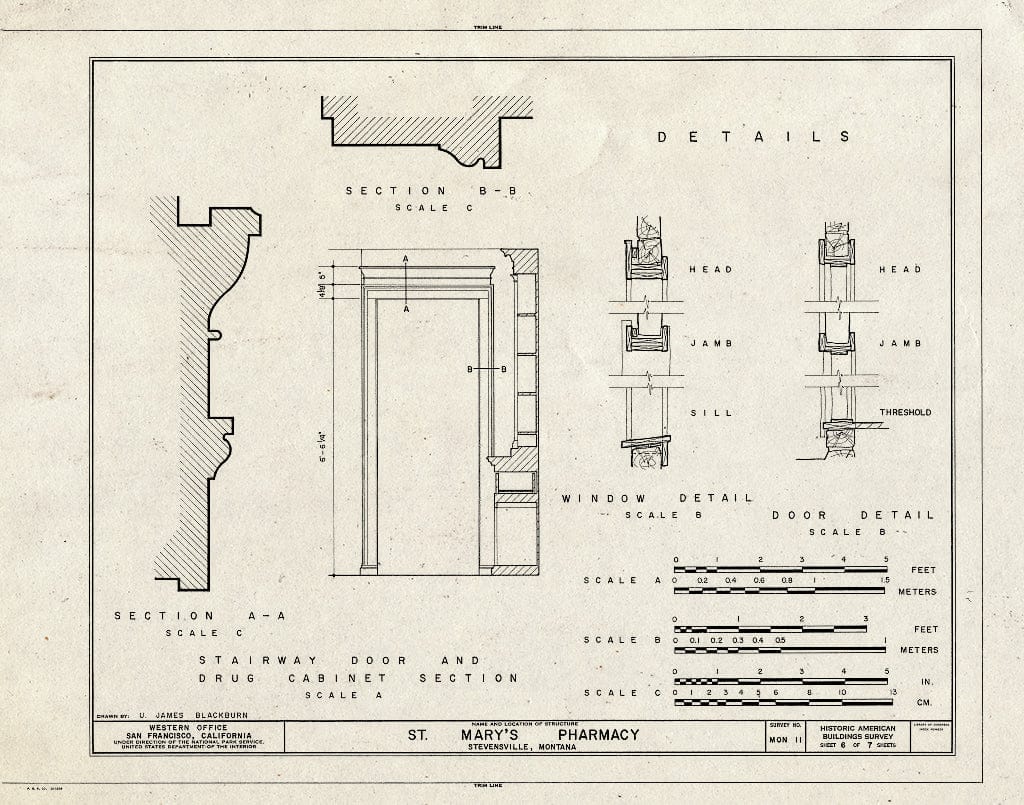 Historic Pictoric : Blueprint HABS Mont,41-STEV,2- (Sheet 6 of 7) - St. Mary's Pharmacy, Stevensville, Ravalli County, MT