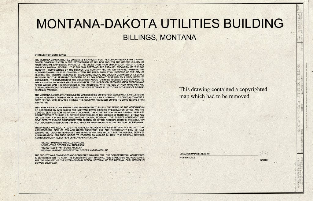 Historic Pictoric : Blueprint Cover Sheet - Montana-Dakota Utilities Building, 2603 2nd Avenue North, Billings, Yellowstone County, MT