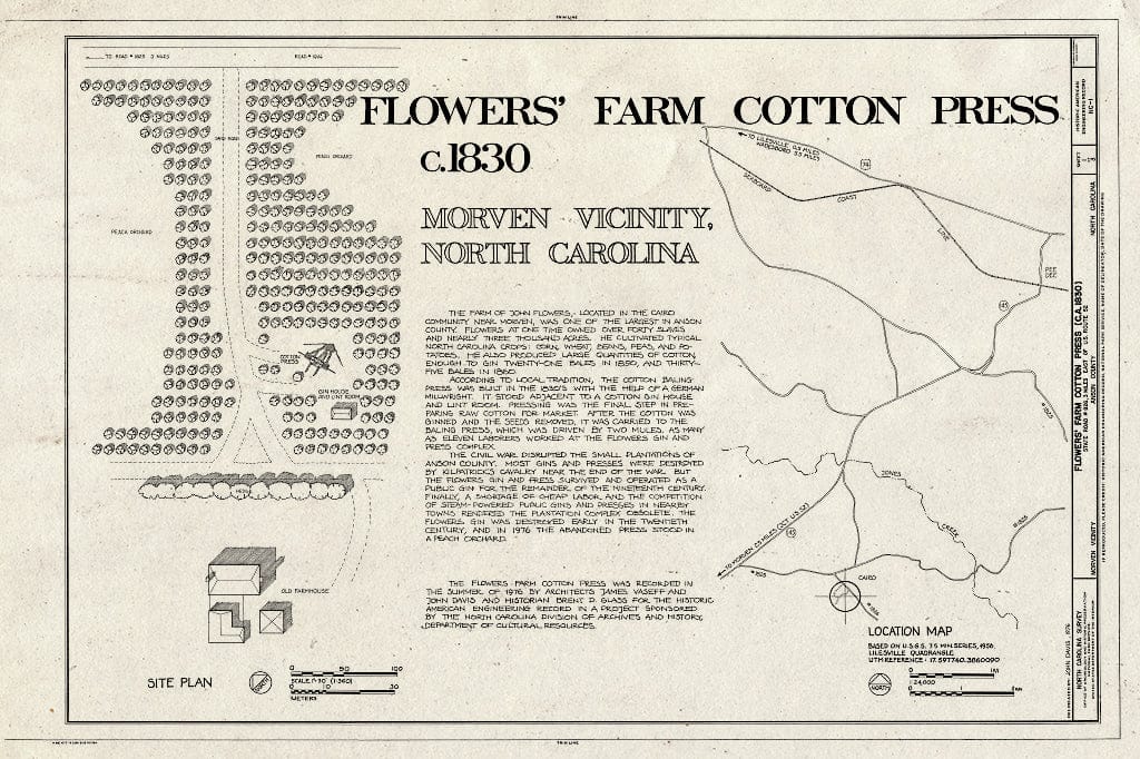 Historic Pictoric : Blueprint HAER NC,4-MORV.V,1- (Sheet 1 of 3) - Flowers Farm Cotton Press, State Route 1826, Morven, Anson County, NC
