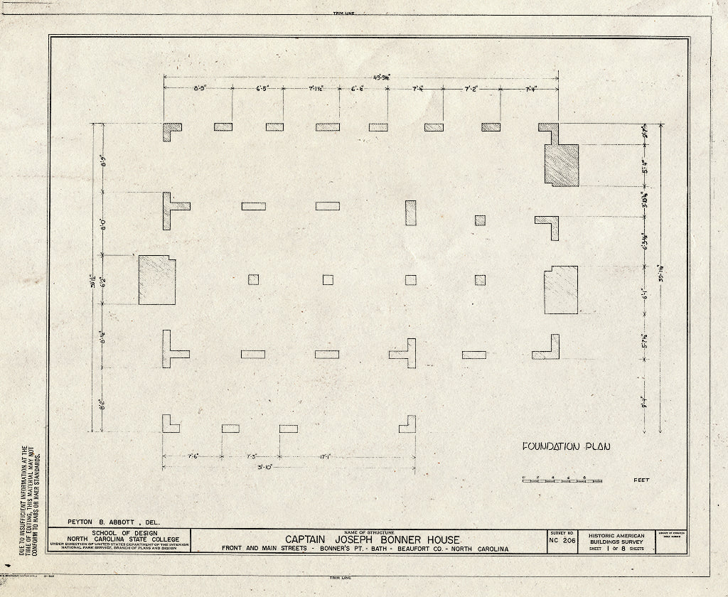Historic Pictoric : Blueprint HABS NC,7-Bath,4- (Sheet 1 of 8) - Captain Joseph Bonner House, Front & Main Streets, Bath, Beaufort County, NC