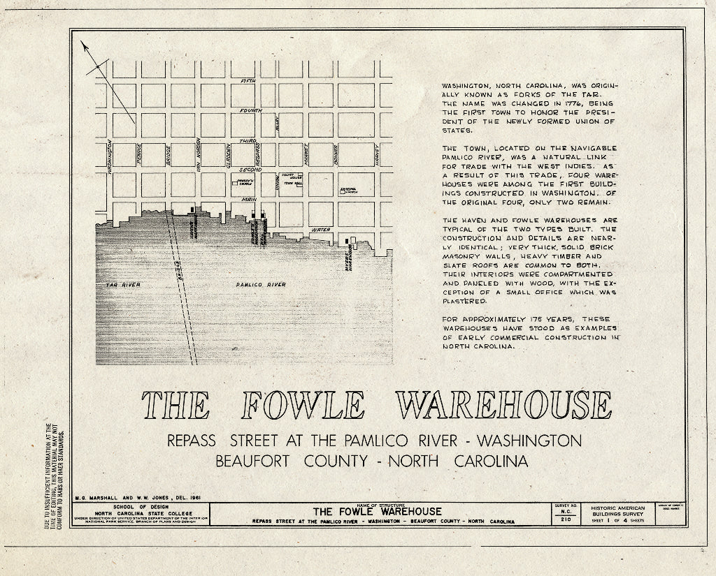 Historic Pictoric : Blueprint HABS NC,7-WASH,2- (Sheet 1 of 4) - Fowle Warehouse, Repass & Main Streets, Washington, Beaufort County, NC