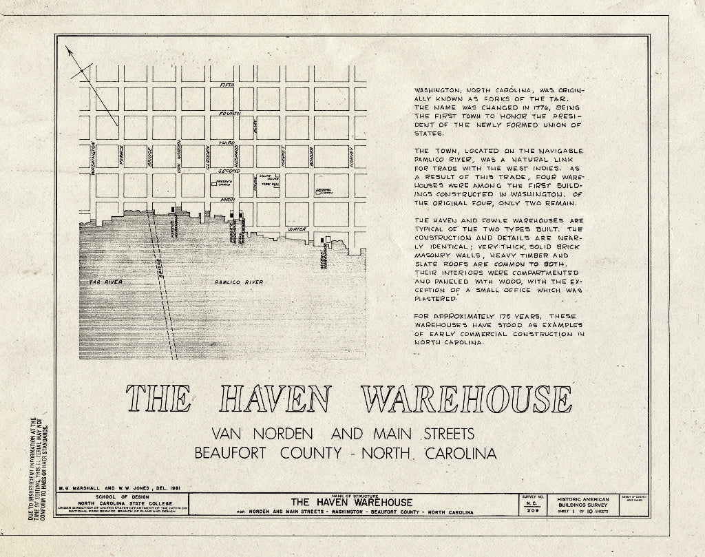 Historic Pictoric : Blueprint HABS NC,7-WASH,3- (Sheet 1 of 10) - Haven Warehouse, Van Norden & Main Streets, Washington, Beaufort County, NC