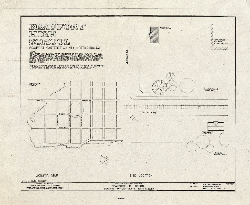 Historic Pictoric : Blueprint HABS NC,16-BEAUF,9- (Sheet 1 of 13) - Beaufort High School, Broad Street (Moved from Courthouse Square), Beaufort, Carteret County, NC