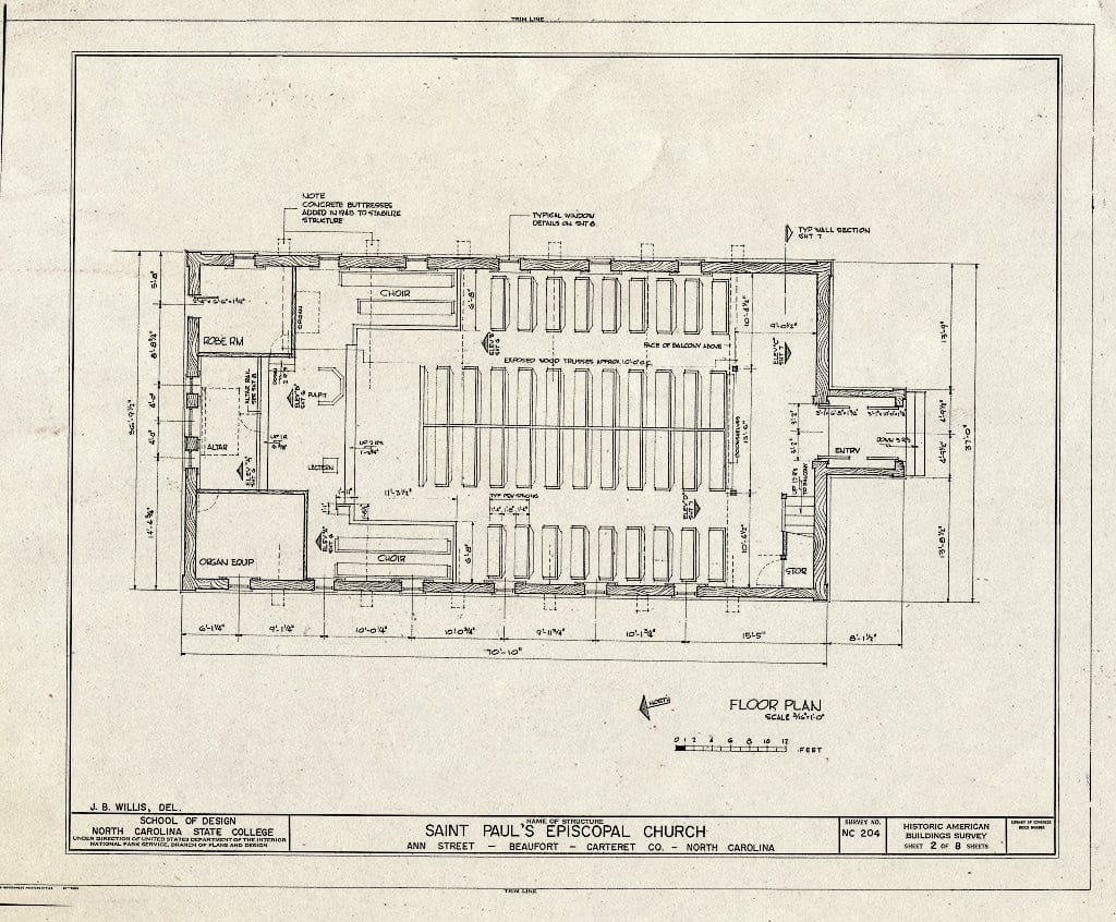 Historic Pictoric : Blueprint HABS NC,16-BEAUF,7- (Sheet 2 of 8) - St. Paul's Episcopal Church, 209 Ann Street, Beaufort, Carteret County, NC
