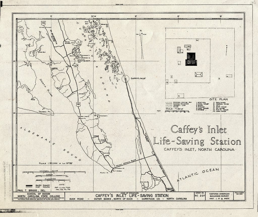 Historic Pictoric : Blueprint HABS NC,27-Duck.V,1- (Sheet 1 of 9) - Caffey's Inlet, Life-Saving Station, State Route 1200, Duck, Dare County, NC