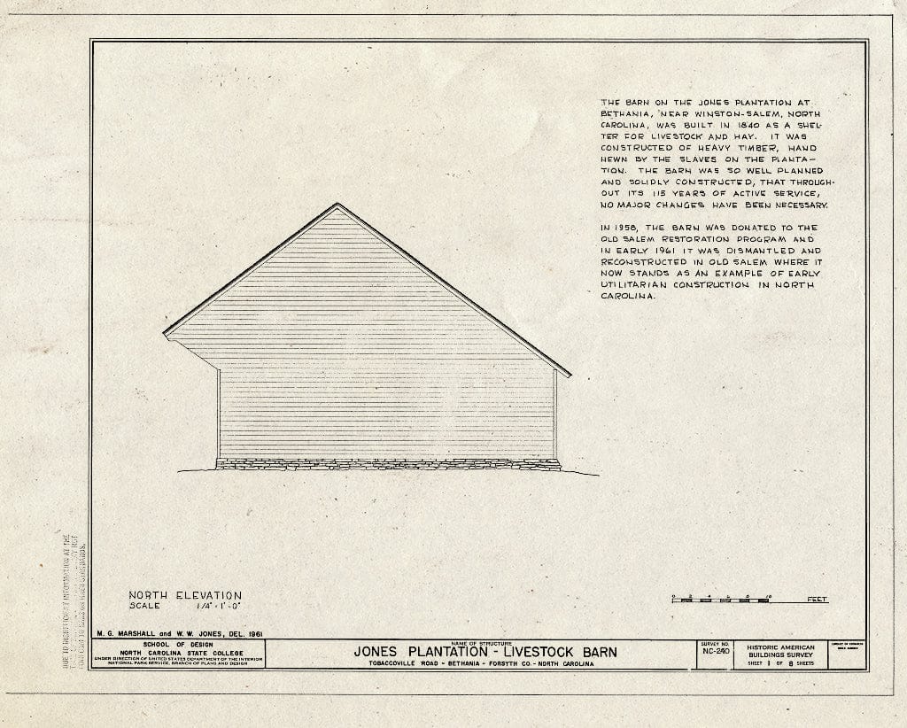 Historic Pictoric : Blueprint HABS NC,34-Beth,1A- (Sheet 1 of 8) - Jones Livestock Barn, Tobaccoville Road (Moved to South Main Street, Old Salem, Winston-Salem), Bethania, Forsyth County, NC
