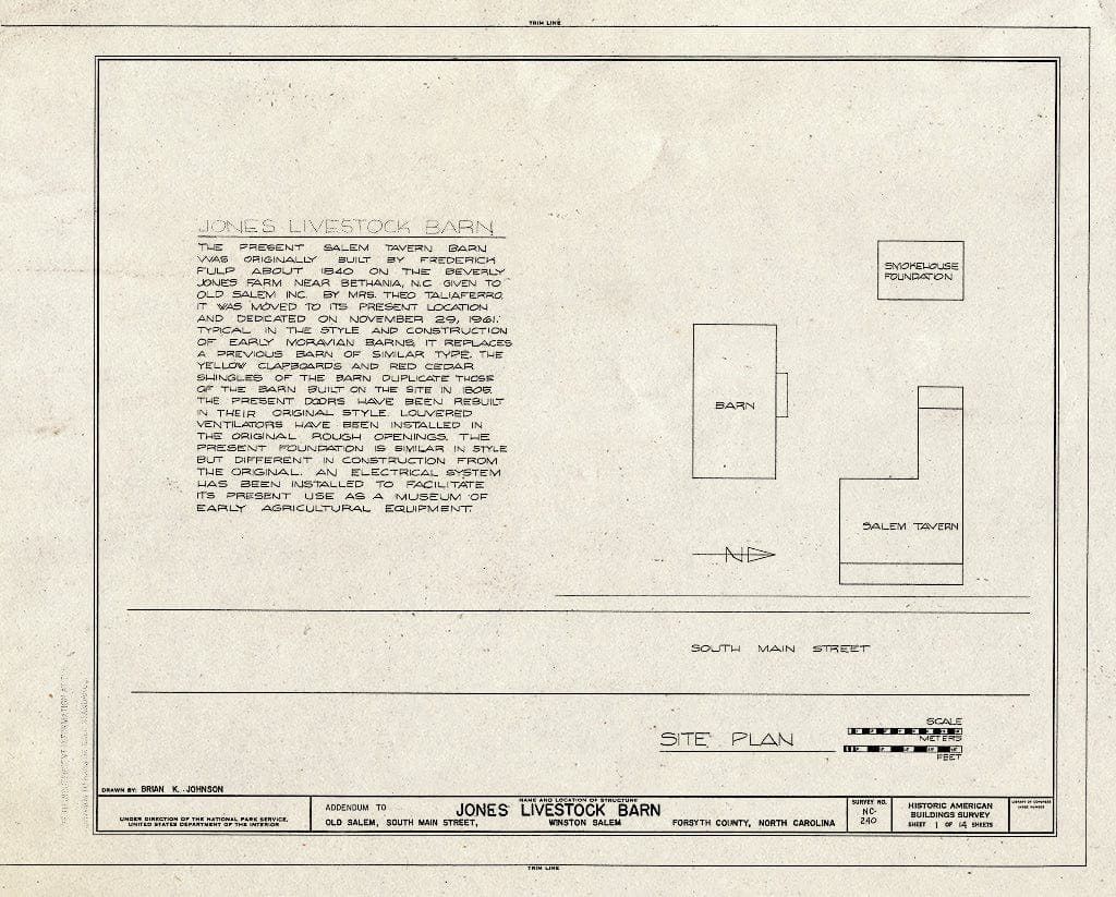 Historic Pictoric : Blueprint HABS NC,34-Beth,1A- (Sheet 1 of 14) - Jones Livestock Barn, Tobaccoville Road (Moved to South Main Street, Old Salem, Winston-Salem), Bethania, Forsyth County, NC