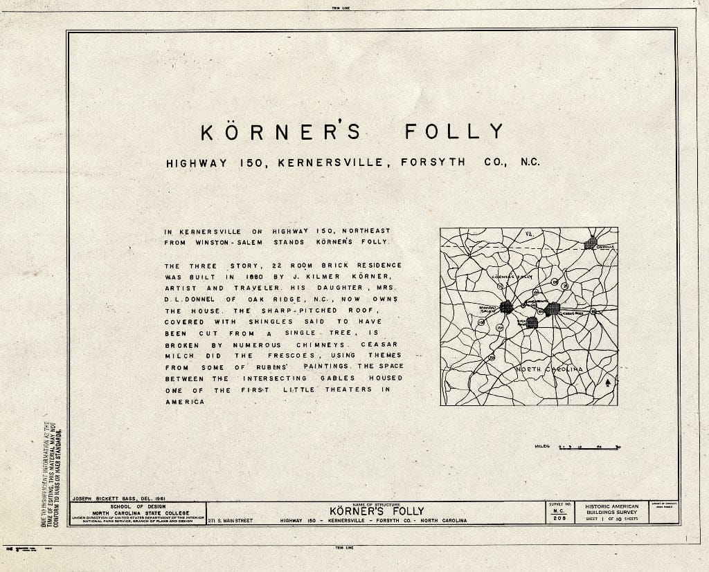 Historic Pictoric : Blueprint HABS NC,34-Kern,1- (Sheet 1 of 10) - Korner's Folly, 271 South Main Street, Kernersville, Forsyth County, NC