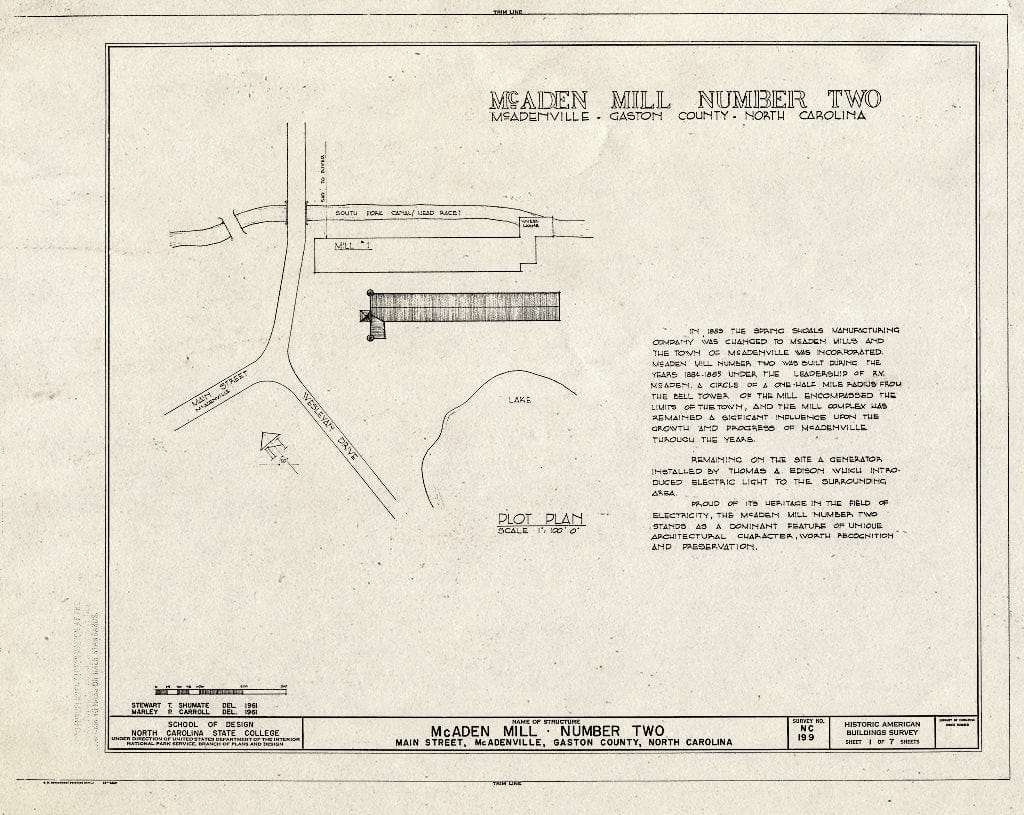 Historic Pictoric : Blueprint HABS NC,36-McAD,1B- (Sheet 1 of 7) - McAden Mill Number 2, Main Street, McAdenville, Gaston County, NC