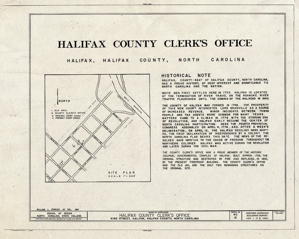 Historic Pictoric : Blueprint HABS NC,42-HAL,2- (Sheet 1 of 5) - Halifax County Clerk's Office, King & Market Streets, Halifax, Halifax County, NC